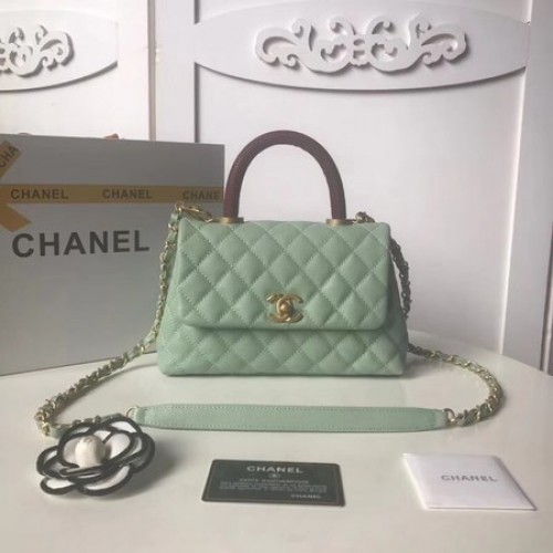 Geantă Chanel originală Caviar din piele cu clapă, mâner superior A92990 Verde Mentă