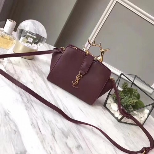 SAINT LAURENT Geantă de umăr mică din piele Monogram Cabas 3805 Wine