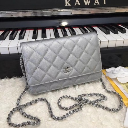 Geantă crossbody Chanel Original Caviar Leather Flap CF33814 Gri argintiu Lanț argintiu