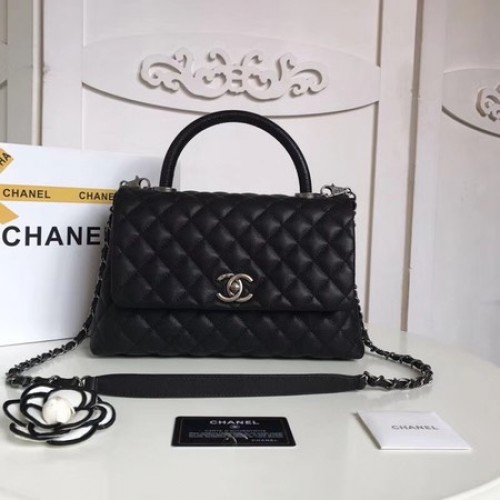 Geantă Chanel Classic neagră cu mâner superior, piele originală din piele de oaie A92215 neagră