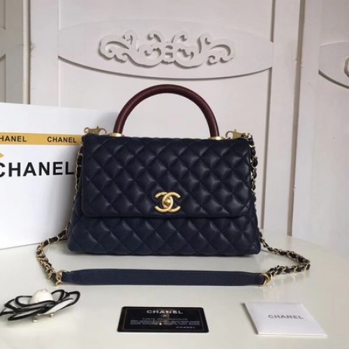 Geantă Chanel Classic Roșu intens cu mâner superior, piele originală Caviar A92215 Albastru regal