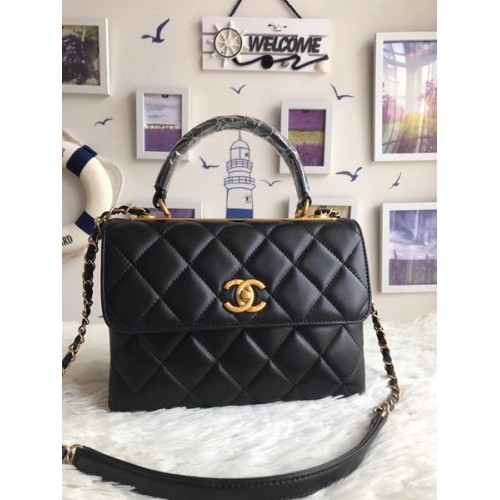 Geantă Chanel Original Sheepskin Leather Tote Bag 92236 neagră cu cataramă aurie