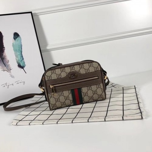 Geantă de umăr mică Gucci GG din pânză Ophidia Supreme din PVC 517350 maro