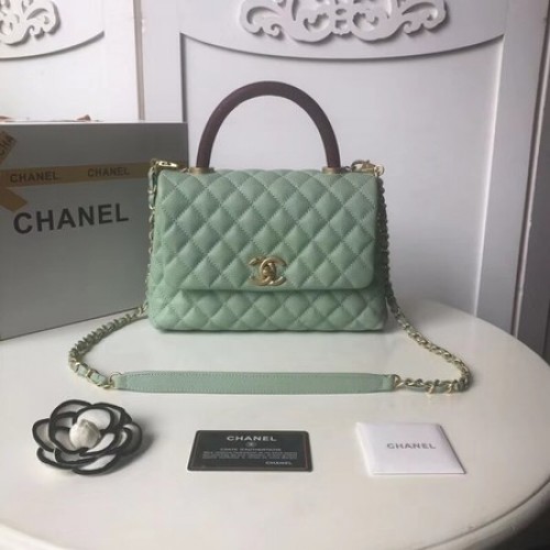 Geantă Chanel originală Caviar din piele cu clapă, mâner superior A92991 Verde Mentă