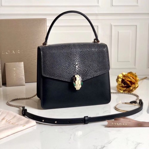 Geantă de umăr din piele BVLGARI Serpenti Forever Devil Pearl Fish Skin 058962 Negru