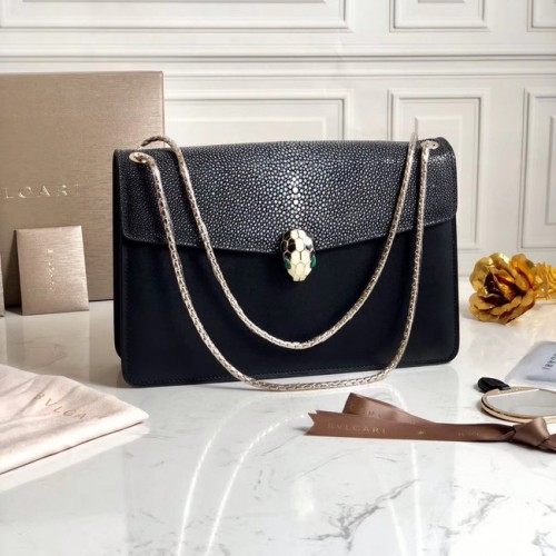 Geantă de umăr BVLGARI Serpenti Forever din piele de pește perlată și piele de vițel 289013 neagră