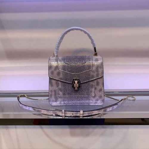 Geantă de umăr BVLGARI Serpenti Forever din piele metalizată 058962 gri