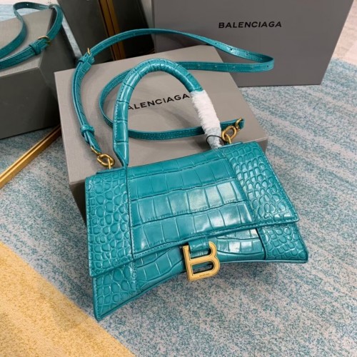 Balenciaga GEANTA MICĂ HOURGLASS cu mâner superior din piele de vițel cu relief crocodil B108895E albastru deschis