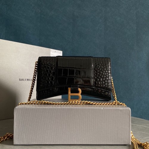 Portofel Balenciaga HOURGLASS cu lanț, model crocodil în relief, 656050 negru