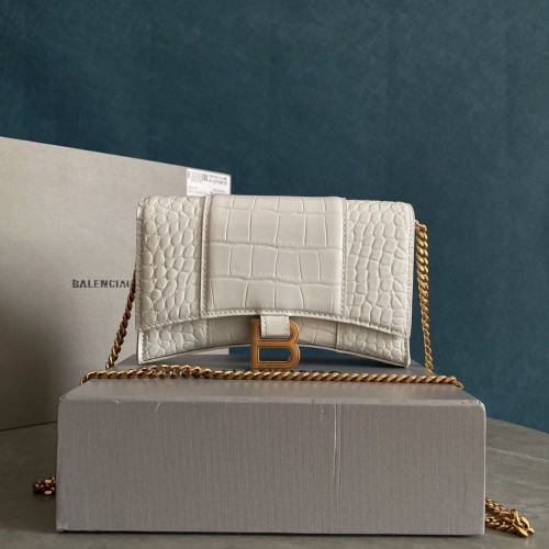 Portofel Balenciaga HOURGLASS cu lanț, model crocodil în relief, 656050, alb