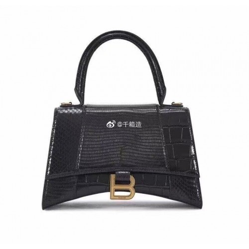 Geantă Balenciaga Hourglass Small Top Handle din piele de vițel cu relief crocodil B108891E neagră