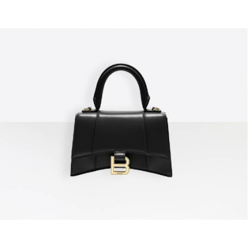 Geantă Balenciaga Hourglass XS cu mâner superior, piele de vițel lucioasă 28331 neagră