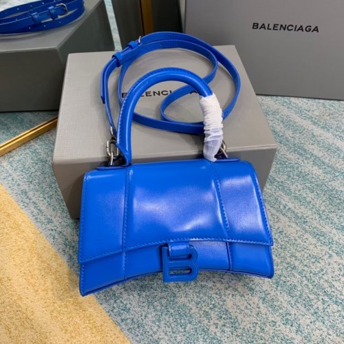 Geantă Balenciaga Hourglass XS cu mâner superior, piele de vițel lucioasă, 28331 albastră