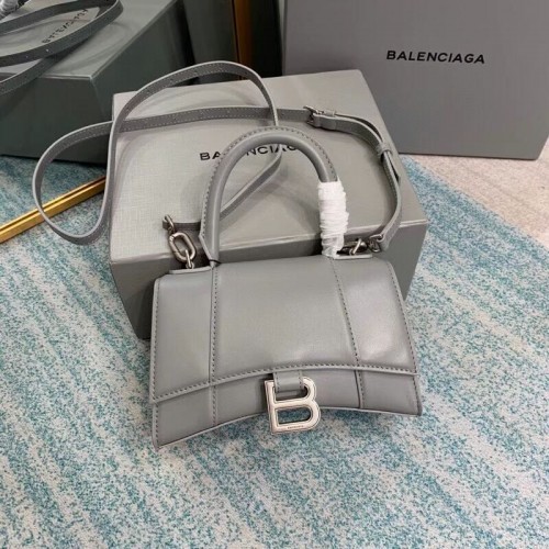 Geantă Balenciaga Hourglass XS cu mâner superior, piele de vițel lucioasă 28331 gri