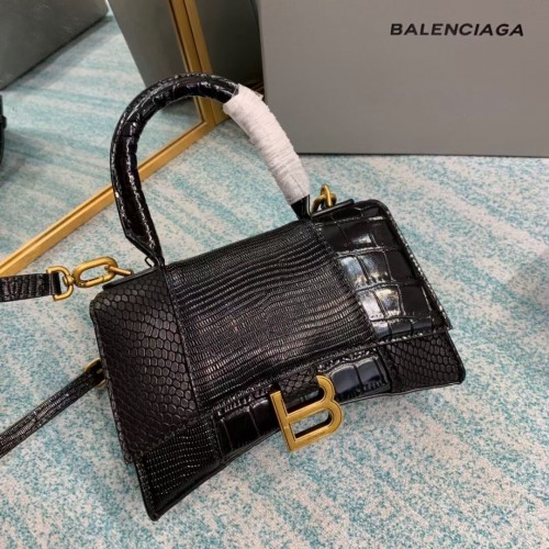 Geantă Balenciaga Hourglass XS cu mâner superior, piele de vițel gofrată cu crocodil lucios B108892E neagră