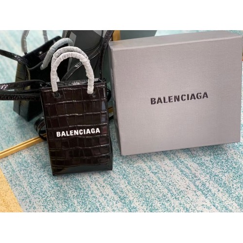 Geantă mini shopper Balenciaga Original din piele gofrată cu crocodil lucios B152865 neagră