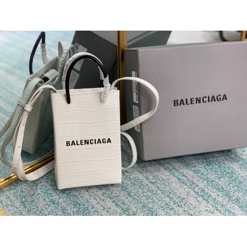Geantă mini shopper Balenciaga Original din piele gofrată cu crocodil lucios B152865 albă