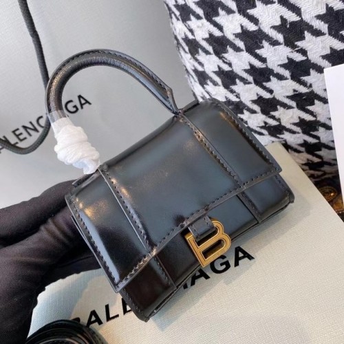 Balenciaga Geantă de damă Hourglass Mini cu mâner superior, piele de vițel lucioasă M8000 neagră