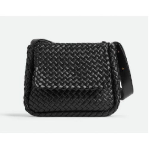 Geantă de umăr mică din piele intreccio Bottega Veneta 709418 neagră