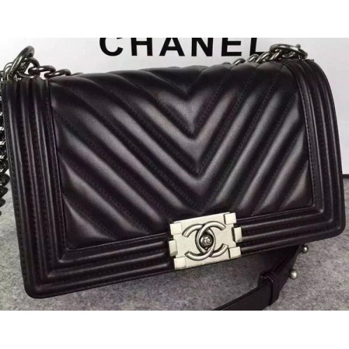 Geantă Chanel cu clapă pentru băieți, piele nubuck Chevron originală A5708 neagră