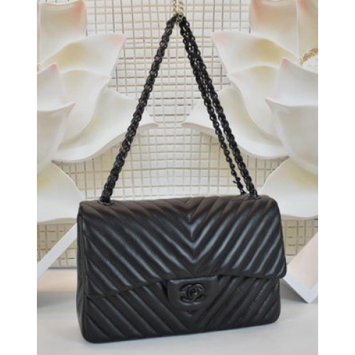 Geantă Chanel Flap Bag pentru băieți, piele de oaie, matlasată cu chevron, A64306, neagră