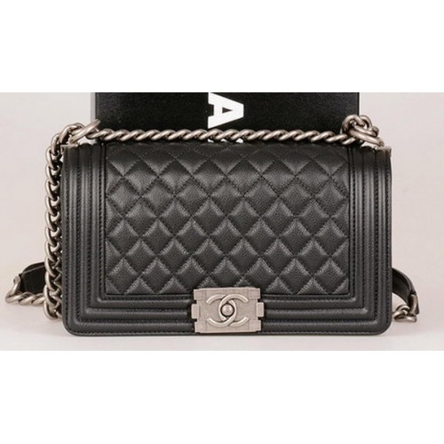 Geantă de umăr Chanel Flap Boy, neagră, model original Cannage A67086, argintie