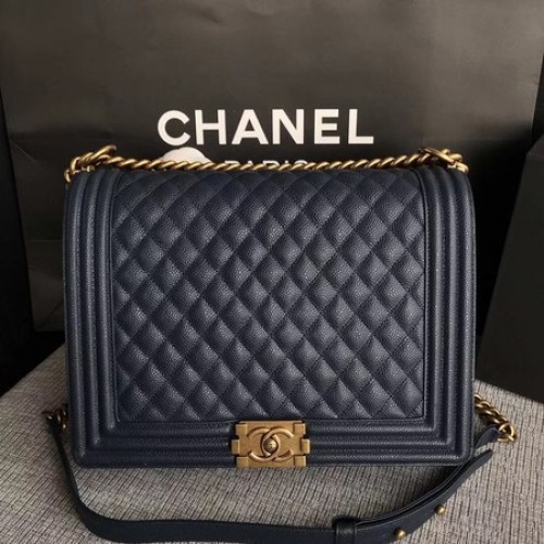 Geantă de umăr Chanel Flap Boy, albastră, model original Cannage A67087, aurie