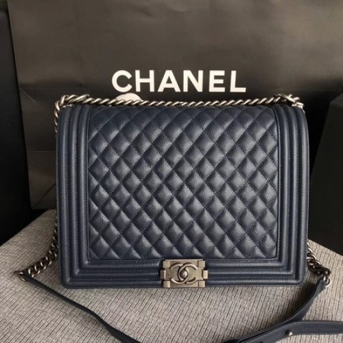 Geantă de umăr Chanel Flap Boy, model Cannage original, albastră, A67087, argintie