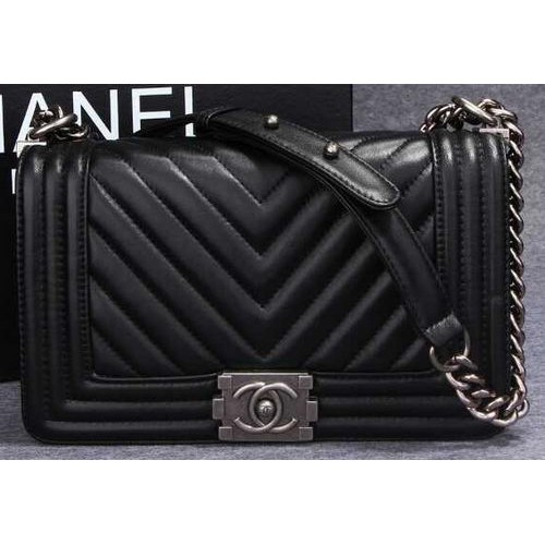 Geantă de umăr Chanel Flap Boy cu cusături herringbone CHA6817 Negru