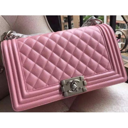 Geantă de umăr Chanel Flap Boy roz model Cannage A67086 argintie