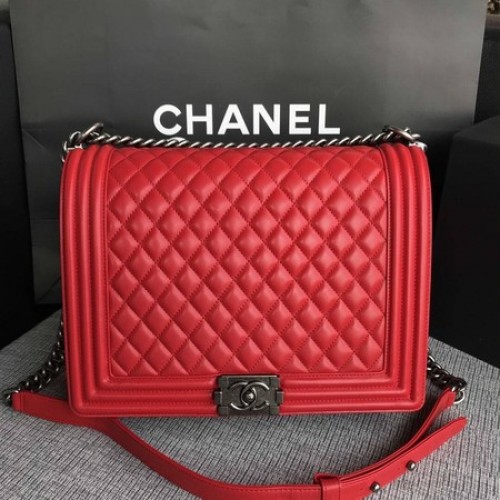 Geantă de umăr Chanel cu clapă pentru băieți, roșie, din piele de oaie originală A67087, argintie