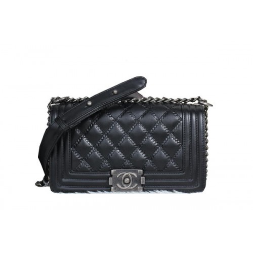 Geantă de umăr Chanel Flap Boy din piele de vițel A8013 Negru
