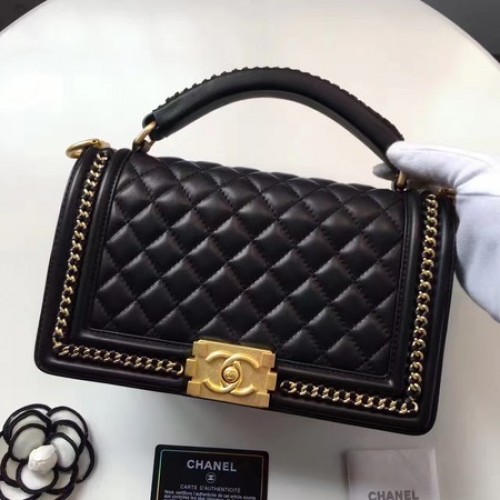 Geantă Chanel Boy cu mâner superior și clapă, piele de oaie originală A94804 Negru
