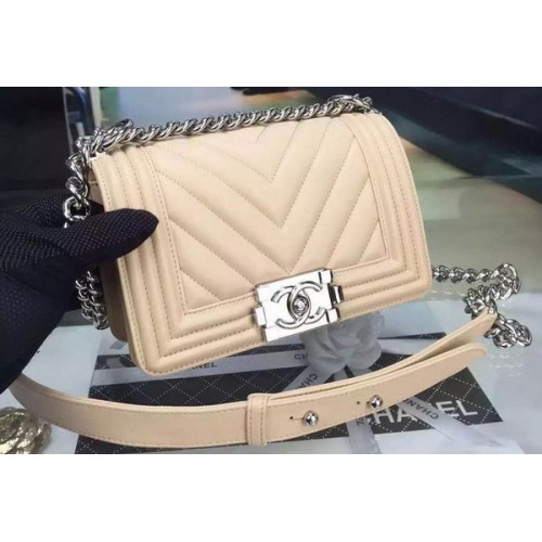 Geantă mini Chanel Boy Flap, piele nubuck Chevron originală A5707 Caisă