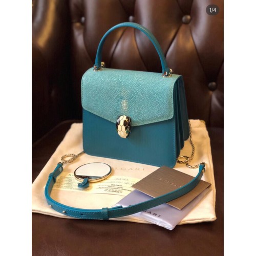 Geantă mică crossbody Bvlgari Serpenti Forever Pearl fish skin&Calfskin Leather 288687 albastră