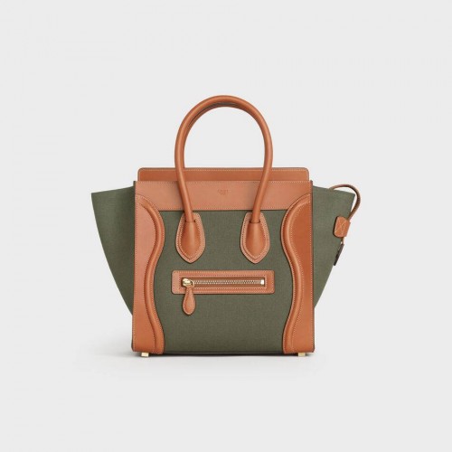 Geantă de mână CELINE MICRO LUGGAGE din material textil și piele de vițel 167793 Tan&Khaki