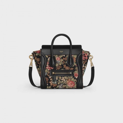 GEANTĂ CELINE NANO DIN JACQUARD FLORAL ȘI PIELE DE VIȚEL 189242 NEGRU