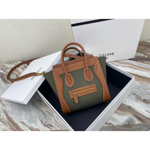 GEANTĂ CELINE NANO LUGGAGE DIN JACQUARD FLORAL ȘI PIELE DE VIȚEL 189242 TAN&Khaki