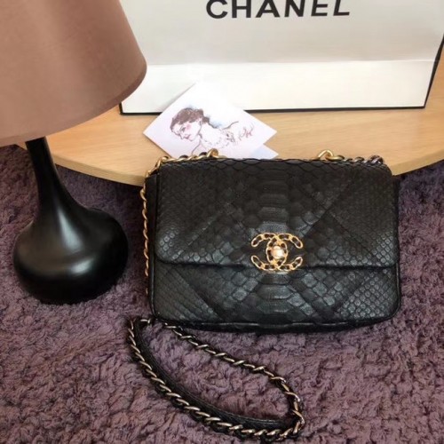 Geantă CHANEL 19 Flap Bag Original din piele de șarpe cu clapă AS1160 Negru