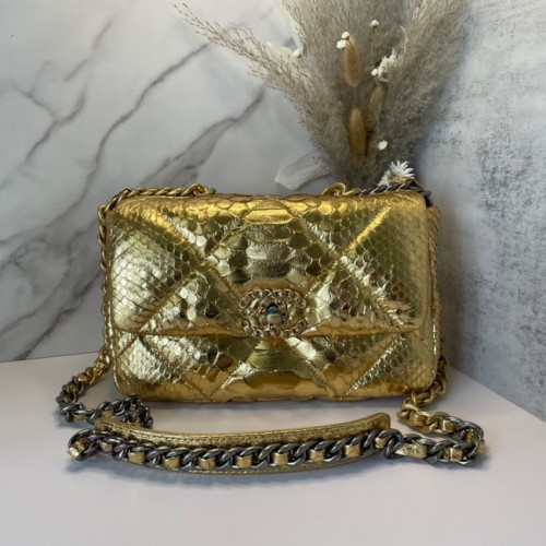 CHANEL 19 Flap Bag Geantă originală cu clapă din piele de șarpe AS1160 aurie