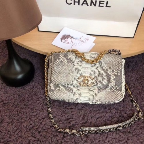 Geantă CHANEL 19 Flap Bag Original din piele de șarpe cu clapă AS1160 gri