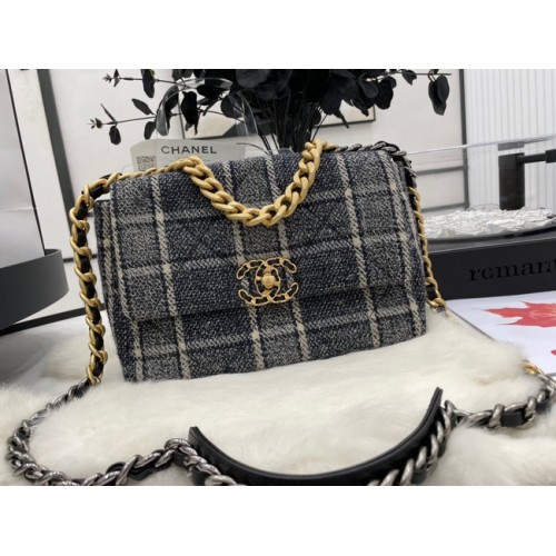 Geantă CHANEL 19 Flap din lână Tweed cu finisaj auriu, metal AS1160 gri