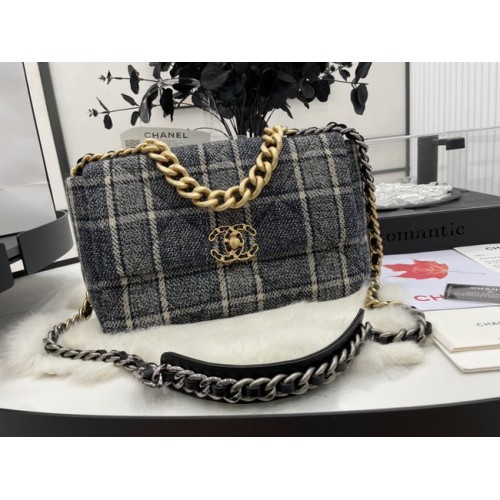 Geantă CHANEL 19 Flap din lână Tweed cu finisaj auriu, metal AS1161 gri