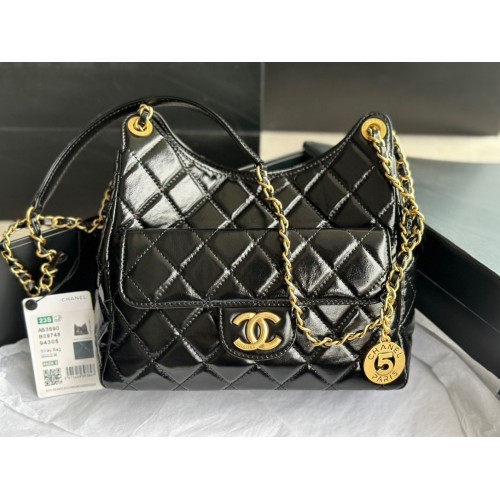 CHANEL 2023 GEANTA Piele de vițel strălucitoare AS3609 Metal auriu negru