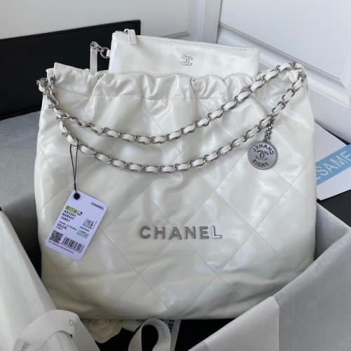 Geantă Chanel 22 din piele de vițel, metal argintiu AS3261, alb