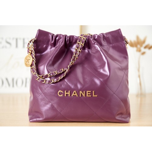 Geantă Chanel 22 din piele de vițel, metal auriu AS3261 violet închis