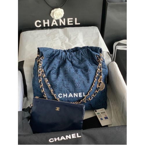 CHANEL 22 GEANTA DE MÂNĂ Denim AS3260 albastru și alb