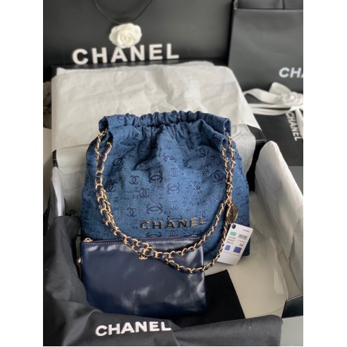 CHANEL 22 GEANTA DE MÂNĂ Denim AS3260 albastru și auriu