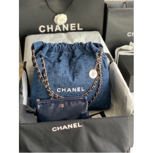 CHANEL 22 GEANTA DE MÂNĂ Denim AS3261 albastru și alb