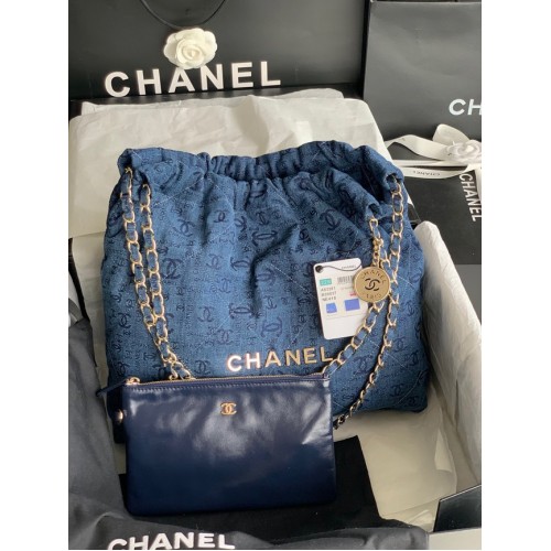 CHANEL 22 GEANTA DE MÂNĂ Denim AS3262 albastru și auriu